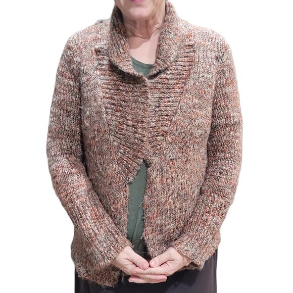 Talbots SP Wool Blend Cardigan Brown Orange Speckled Waterfall Cozy Fall Sweater - Picture 1 of 8
